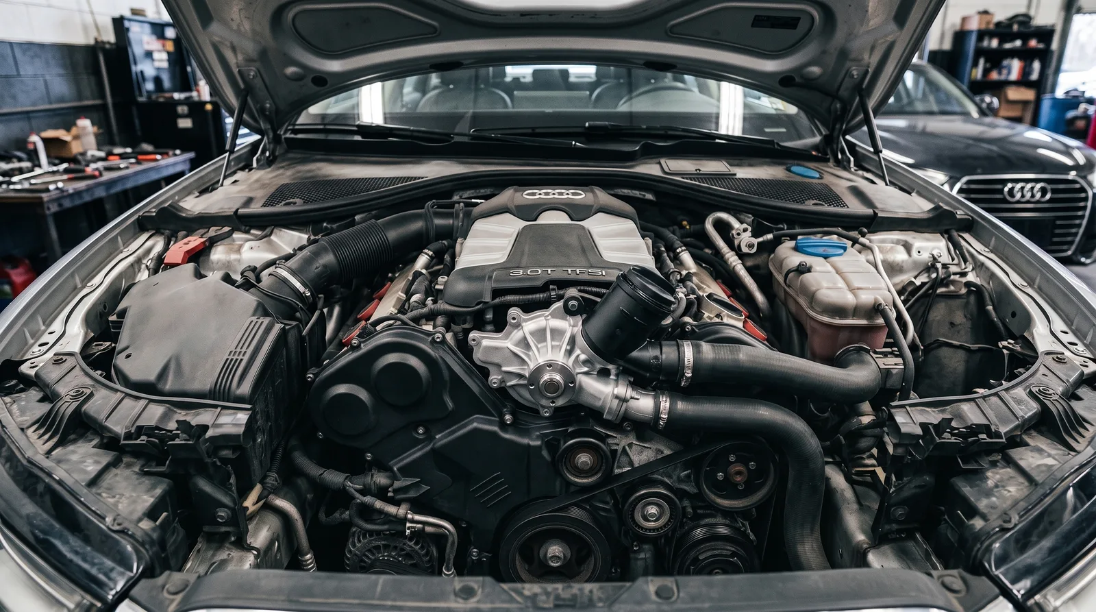 The same Audi engine bay after repair — new water pump and thermostat housing, coolant residue cleaned off