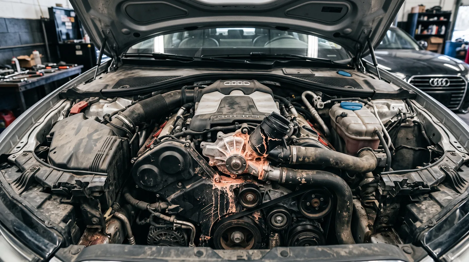 An Audi engine bay with a cracked thermostat housing and dried coolant across the block