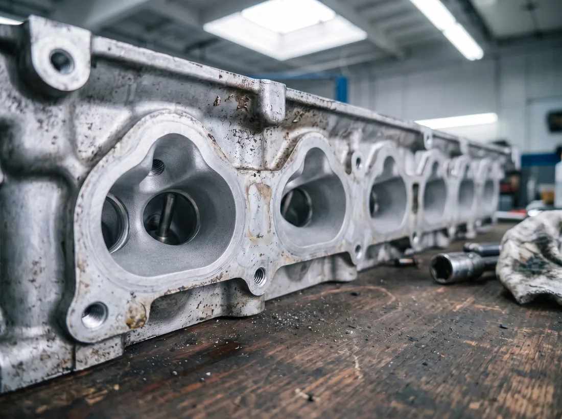The same cylinder head after walnut blasting, ports back to clean bare aluminium