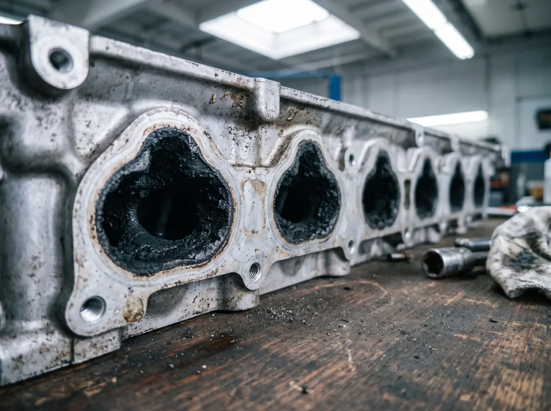 A BMW N54 cylinder head with intake ports heavily caked in black carbon deposits