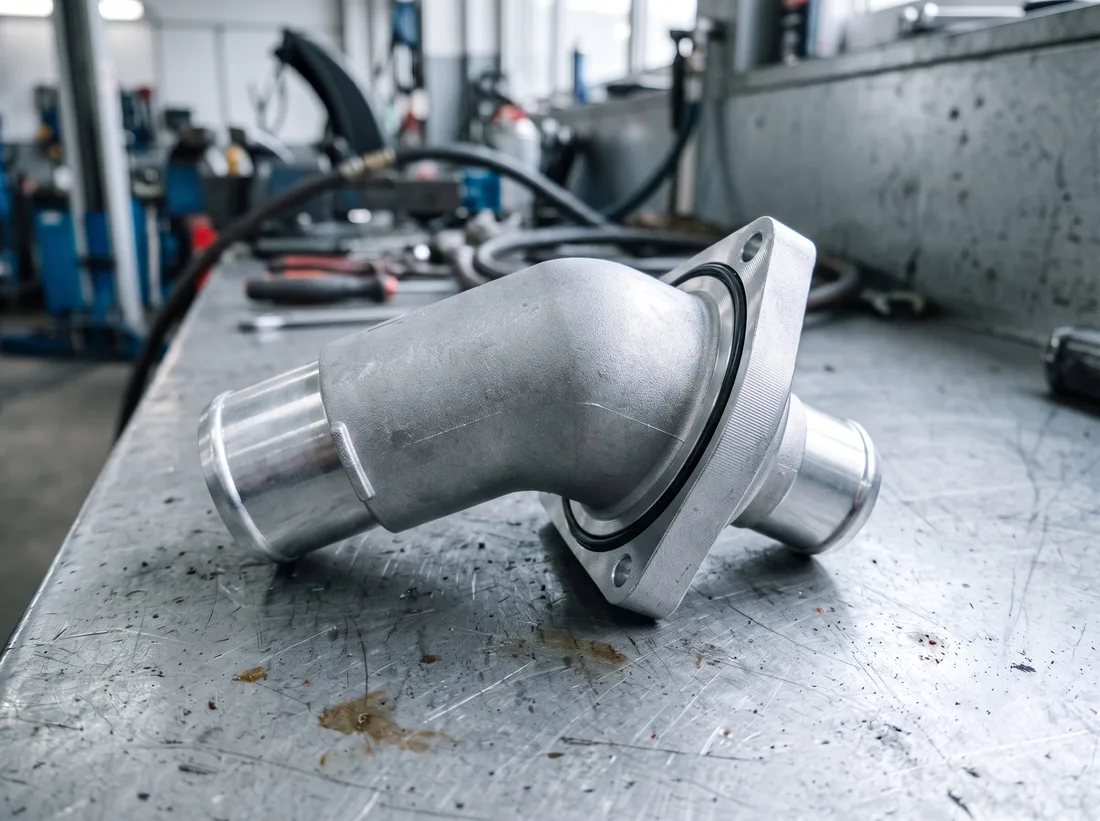 The aluminium replacement thermostat housing, new and unused, on the bench