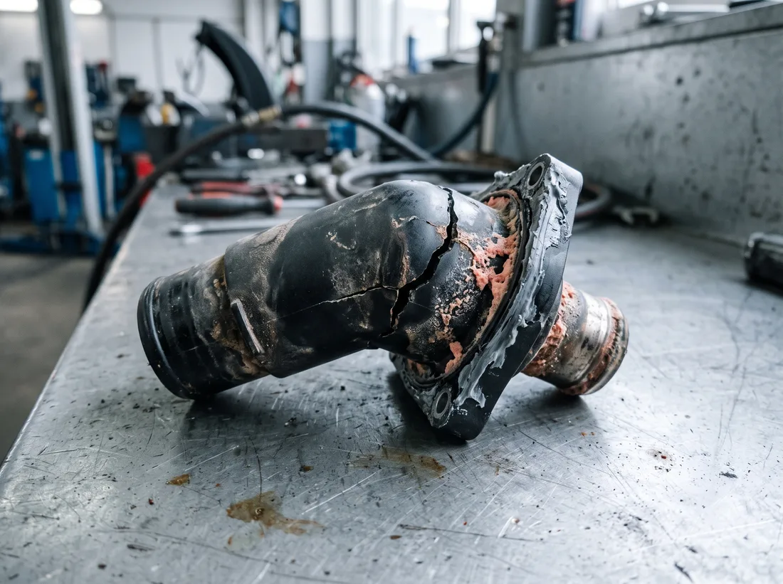 A cracked black plastic thermostat housing with dried coolant residue around the split