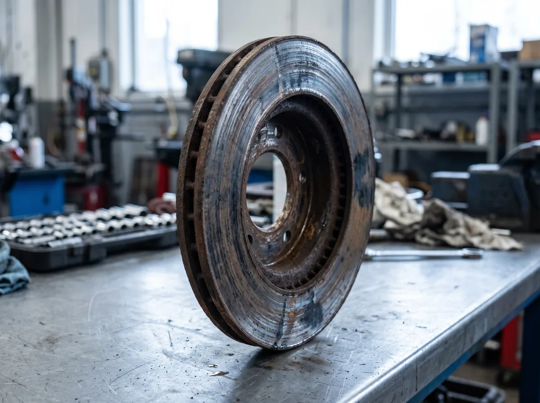 A worn brake rotor with a raised outer lip, deep grooves and surface rust