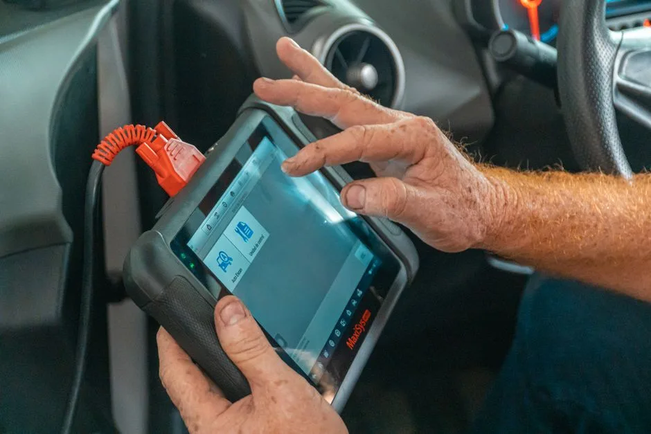 A technician reading fault codes on a factory diagnostic tablet plugged into a car