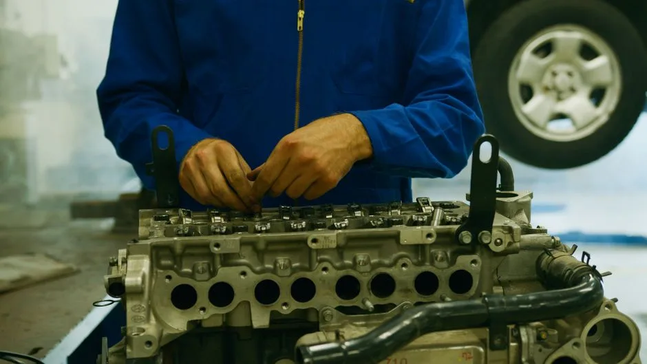 A disassembled cylinder head laid out on the workbench